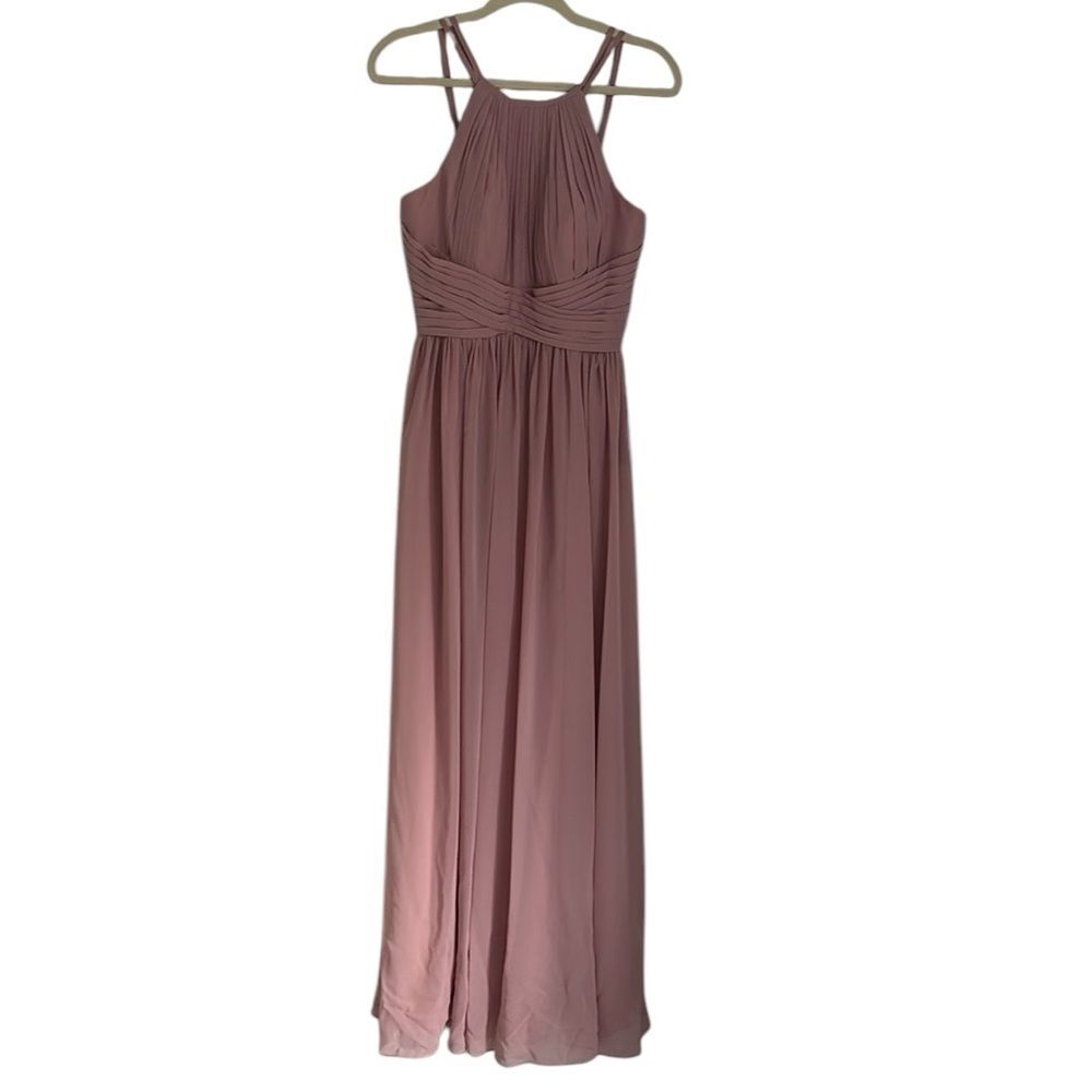 JJ's House Halter Pleated Bridesmaid Maxi Chiffon Gown Dusty Rose Open Back Sz.8